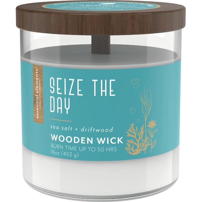 Candle Lite Scented Candle in Glass with Lid | Seize the Day | Scented Candle with Wooden Wick | Scented Candle Sea Salt | Candles Long Burning Time up to 50 Hours | Large Candles (454 g)