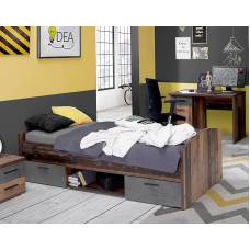 Forte Winnie Bed 90 100, Youth Bed 2 Drawers, Lying Surface 90 cm x 200 cm, Single Bed, Wood Composite, Old-Wood Vintage Wood Decor/Concrete Look, Dark Grey, 96 cm Wide x 65.5 cm High x 206.4 cm Deep