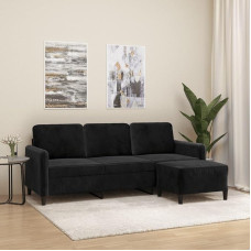 3201179 3-vietė sofa su taburete, juoda, 180 cm, aksomas, poilsio sofa, Sofos ir kušetės, Poilsio sofa, Svetainės sofa, Sofa su miego funkcija