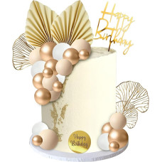 Happy Birthday Cake Decoration Birthday, Pack of 30 Cake Decoration Balls Cake Topper Happy Birthday, Gold Palm Leaves Cake Decoration for Wedding, Baby Shower, Birthday, Anniversary
