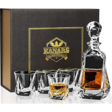 KANARS 5 dalių viskio taurių ir karafos rinkinys, 650 ml viskio dekanteris su 4 x 210 ml stiklinėmis, bešvinio krištolo taurės, graži dovanų dėžutė, aukšta kokybė