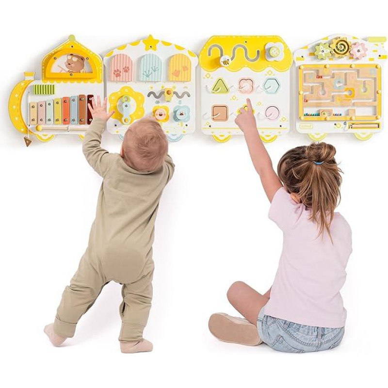 ROBUD Montessori užimta lenta nuo 18 mėnesių - 12-in-1 medinė sieninė lenta, lavinamasis žaislas su ksilofonu, būgnu, orų lenta, laikrodžiu, figūromis, krumpliaračiais ir magnetiniu labirintu