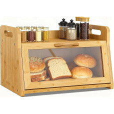 BAMBANG itin didelė duonos dėžė, bambuko duonos dėžė virtuvėms, medinė duonos dėžė su įrankių laikikliu, permatomas langelis - (37,5 cm x 22 cm x 20 cm) Natūralu