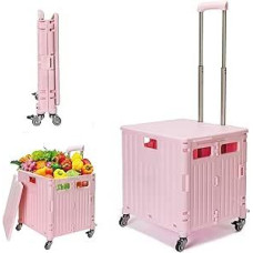 Sulankstomas pirkinių vežimėlis su dangčiu nuo 65 l iki 40 kg, plastikinis pirkinių vežimėlis su teleskopine rankena, pirkinių vežimėlis su 360° pasukamais ratukais - rožinis