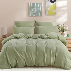 WONGS BEDDING Musselin Bettwäsche 135x200 aus 100% Baumwolle, Bettwäsche-Sets 1er Set Bettbezug mit 1 Kissenbezüge 80x80 cm Knitterlook Weiche Bettbezug Bügelfrei, mit Reißverschluss, Grün