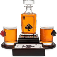 Pokerio teminis viskio dekanterių rinkinys vyrams su 2 viskio stiklinėmis. Texas Holdem No Limit alkoholio dovana vyrams