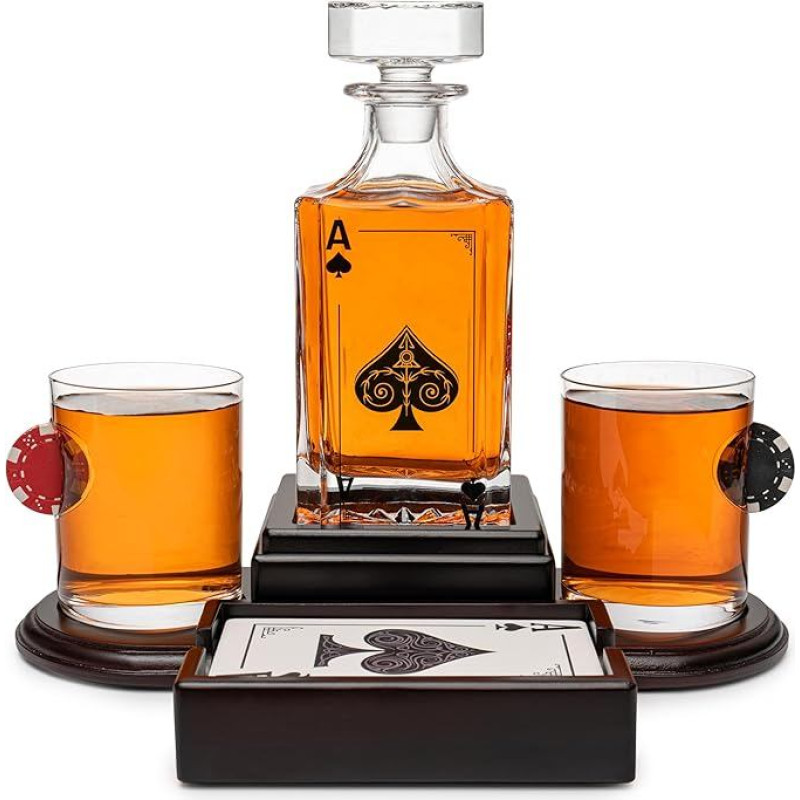 Pokerio teminis viskio dekanterių rinkinys vyrams su 2 viskio stiklinėmis. Texas Holdem No Limit alkoholio dovana vyrams