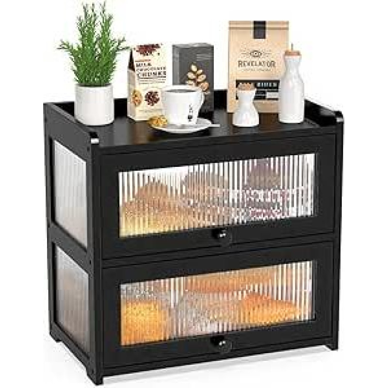 BAMBANG Ypač didelė bambuko duonos dėžutė virtuvės stalčiui, dvigubo sluoksnio duonos laikymo talpykla, ūkio duonos dėžutė su 4 pusių skaidrumu, duonos dėžės laikiklis naminei duonai, juoda