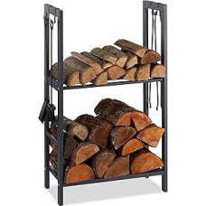 Relaxdays Firewood Rack With 2 Shelves, Made Of Steel, 4 Hooks For Fire Irons, Stove Wood Rack, Various Sizes, Anthracite
