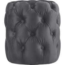 CLP Drancy apvali aksominė taburetė, apmušta dekoratyvinėmis sagomis, Chesterfield išvaizdos, minkšta taburetė svetainei ir miegamajam, spalva: Spalva: tamsiai pilka, dydis: M