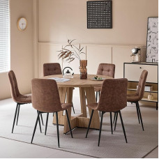 DEYARNA HOME Dining Set 7-Piece 120 cm Round Dining Table and 6 Faux Leather Dining Room Chairs, Table and 6 Chairs for Kitchen, Living Room, Balcony, Restaurant, Office (Light Wood Colour + Light