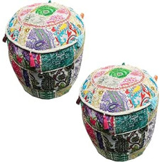 2 x Indijos taburetė Mudha Rytų medvilnės lopas ant rotango krepšelio