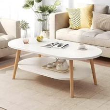 Šiuolaikinis apvalus / ovalus kavos staliukas su lentyna, nedidelis medinis stalas namams, stilingas žemas staliukas su įtrauktomis lentynomis, natūrali apdaila