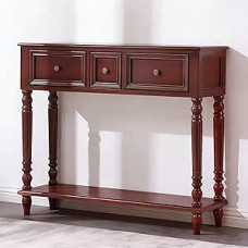 WPWSDWMX Konsolentisch für Den Eingangsbereich mit 3 Schubladen, Flurtisch mit Offenem Regal, Tischplatte aus Massivem Kiefernholz und Eichenholzbeinen (Brown, 100cm/39in)