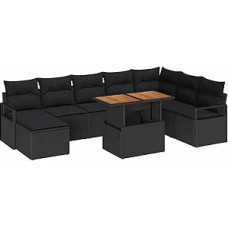 9-teiliges Garten Sofa Set mit Kissen Schwarz Poly Rattan Akazie, 2-Sitzer Garten Sofa mit Kissen Schwarz Poly Rattan Gartenlounge Model3349750
