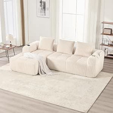 Kompaktinė sofa 3 sėdimos vietos iš virvės su 3 kedais, L formos sofa su šlaunų jungtimis - Weich & modular, extra tiefer Sitzfläche, montagefrei, für Wohnzimmer (Beige)