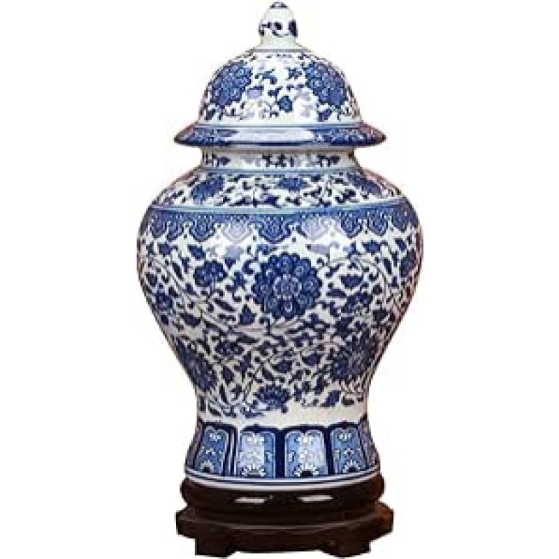 Jingdezhen Klasikinis mėlynos ir baltos spalvos porceliano gėlių šventyklos imbiero vazos Kinijos Ming stiliaus 38 cm aukščio mėlyna balta