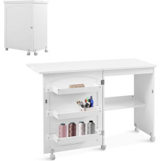 GOPLUS Foldable Sewing Table, Retractable Sewing Machine Table with Wheels & Door, Folding Sewing Cabinet for Sewing Machine, Sewing Machine Cabinet for Living Room, Study, Bedroom (White)