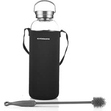 DE.KITCHEN&HIFUN Glasss Water Bottle 2000 ml, Large Borosilicate Glass 2L for Juice, Glass Water Bottle with Steel Cap Filter (1)