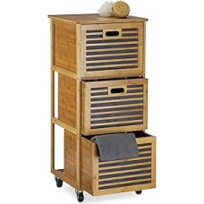 Relaxdays Rolling Tall Cabinet w/Drawers made of Bamboo w/3 Compartments Cabinets, Size: 92 x 41 x 41 cm Bathroom Storage Solution w/3 Boxes w/Wheels as Hamper & Holder for Bathroom Utensils