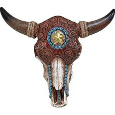 BestGiftEver Buliaus kaukolė su susukta oda Pietvakarių namų dekoras Sienų dekoras Rustic Buliaus kaukolė Sienų skulptūra Indėnų stiliaus namų dekoras Odos išvaizda