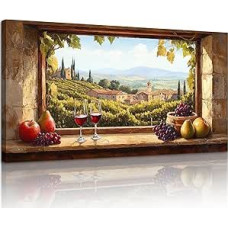 MHARTK66 Akmens langas Peizažas drobė paveikslas, 73 x 146 cm, XXL Sienų paveikslai, Vyno taurės, Vaisiai, Valgomojo kambario nuotraukos, Estetinis, Vynuogynų sienų apdaila, Menas Spausdinti, Virtuvė, Svetainė, Miegamasis