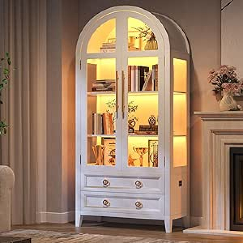 LVSOMT lenkta stiklinė vitrina su LED apšvietimu, 180 cm vitrina su stiklinėmis durimis, arkinė vitrina su 4 lentynomis ir 2 stalčiais, 3 spalvų apšvietimas, stiklinė medinė vitrina