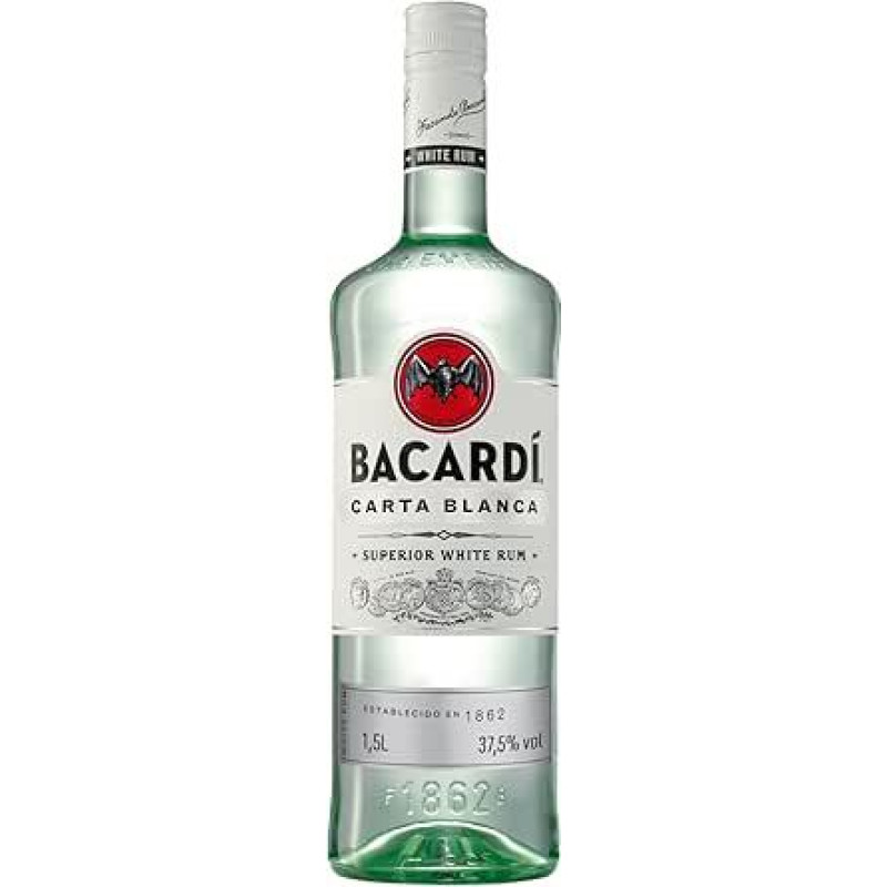 BACARDÍ Carta Blanca White Rum, 37,5 % tūrio, 150 cl/1,5 l, legendinis baltasis Karibų romas iš Bacardí, puikiai tinkantis kokteiliams.
