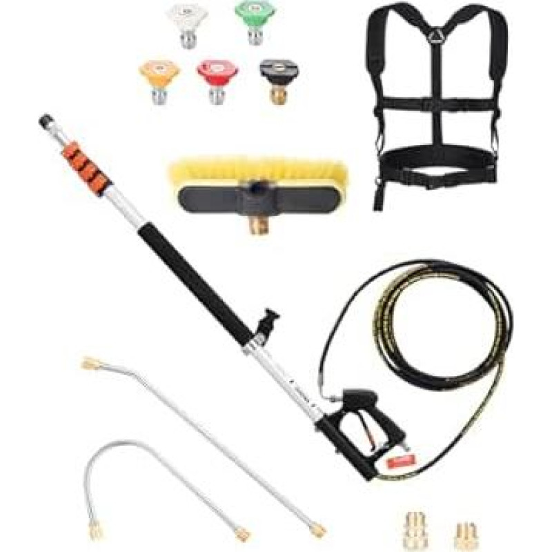 VEVOR teleskopinė 5,5 m ilgio teleskopinė rankena su 4000PSI slėgio plovimo įrenginio prailginimo strypais, latakų valytuvu, šepečio galvute, 5 purkštukų antgaliais, adapteriu ir reguliuojamu atraminiu dirželiu