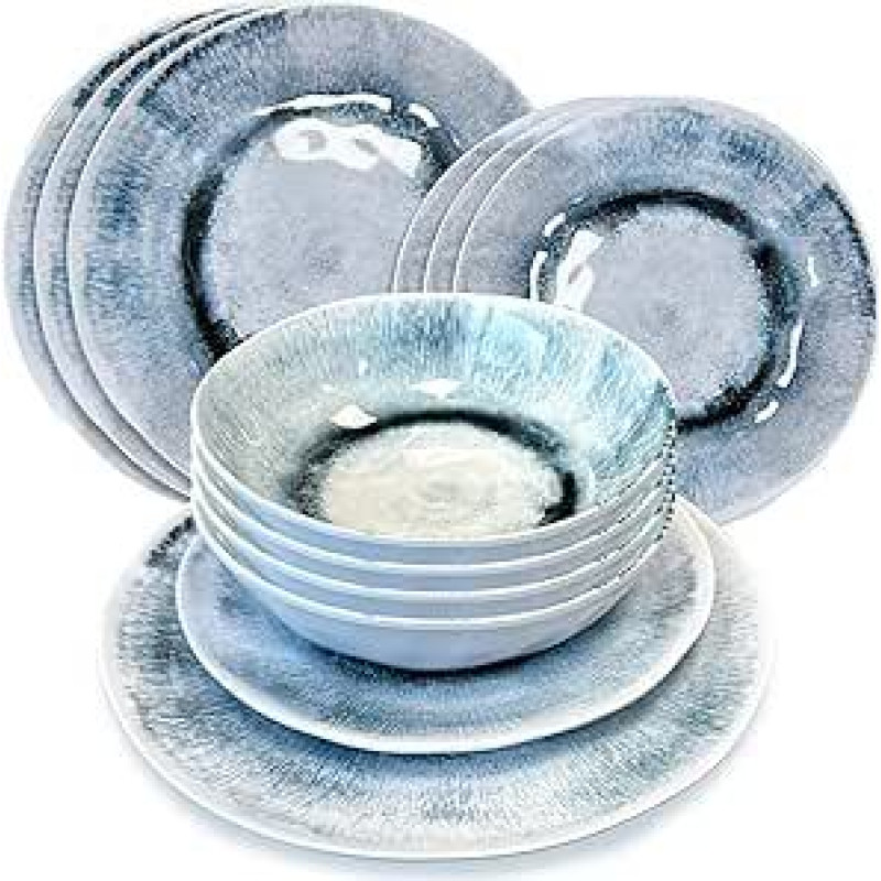 12 dalių melamino indų rinkinys - 4 vakarienės lėkštės, 4 šoninės lėkštės ir 4 dubenėliai, lengvas ir karščiui atsparus indų rinkinys, idealiai tinka naudoti patalpose ir lauke Linosa