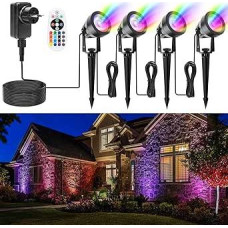 RGB LED sodo apšvietimas, maitinamas iš tinklo, 17 m, 12 V žemos įtampos sodo prožektorius su adapteriu, atsparus vandeniui, IP67, tinka sodui, kiemui, medžiams, Helovinui, Kalėdoms (RGB spalva, 4 vnt.)