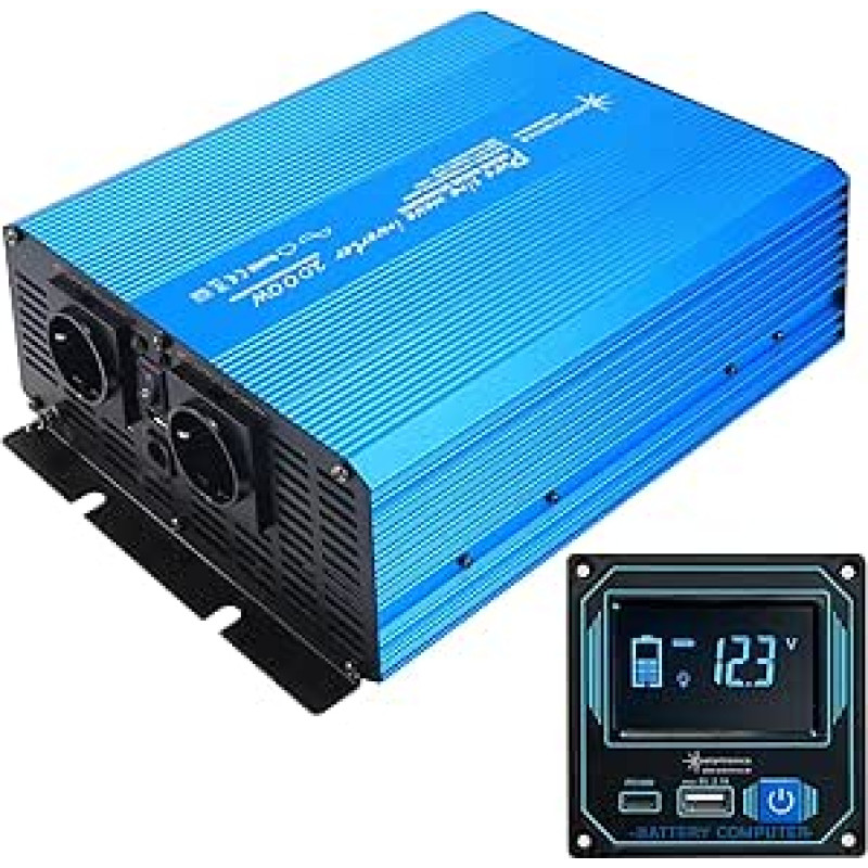 SOLARTRONICS TS2000 įtampos keitiklis 12 V 230 V grynos sinusinės bangos ekranas įmontuotas nuotolinio valdymo pultas USB C + A