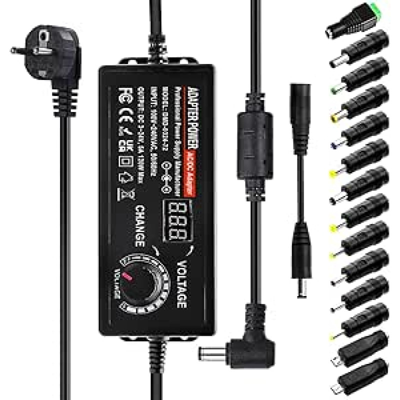 Universalus maitinimo šaltinis 3V-24V, 5A, 120W, reguliuojamas maitinimo šaltinis 100-240V kintamosios srovės į nuolatinės srovės reguliuojamą maitinimo adapterį Transformatorius su skaitmeniniu ekranu ir 14 antgalių, skirtas buitinei elektronikai, nuolat