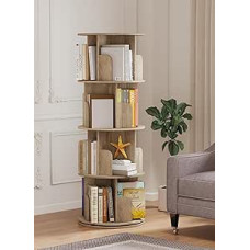 360° kampu besisukanti knygų spinta, 4 pakopų knygų spinta, vaikiška besisukanti medinė kampinė knygų spinta svetainei, biurui, miegamajam (ąžuolo spalvos)