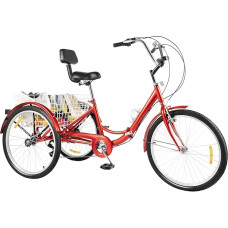 24 colių triratis suaugusiesiems, sulankstomas anglies plieno 3 ratų dviratis, 7 greičių suaugusiųjų dviratis su gėrimų laikikliu ir LED žibintais, reguliuojama sėdynė, tinkamas naudoti suaugusiesiems