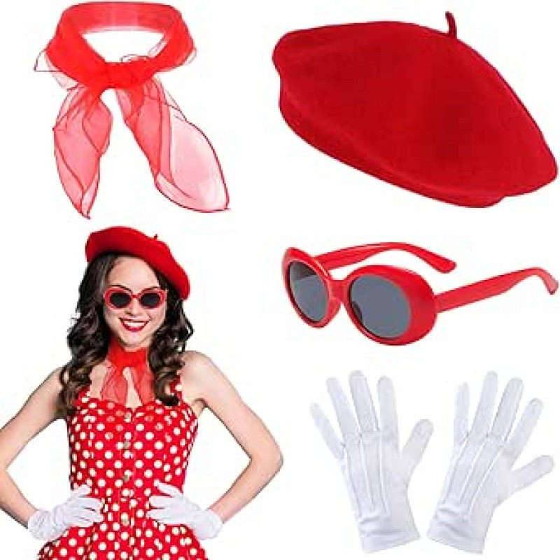 Rockabilly priedai Moterų raudona 50s 60s 1950s prancūzų suknelė priedai Beret skrybėlę šalikas akiniai nuo saulės pirštinės derliaus drabužių rinkinys karnavalo tema šalis Retro Teily šalis