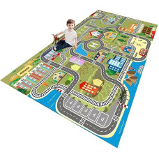 Children's Play Mat, Car, Boys & Girls Rug, Road Rug, Building Rug, City City Learning Area Rug, Educational Non-Slip for Children's Room, Grey, Blue, Green (B, 120 x 180 cm)