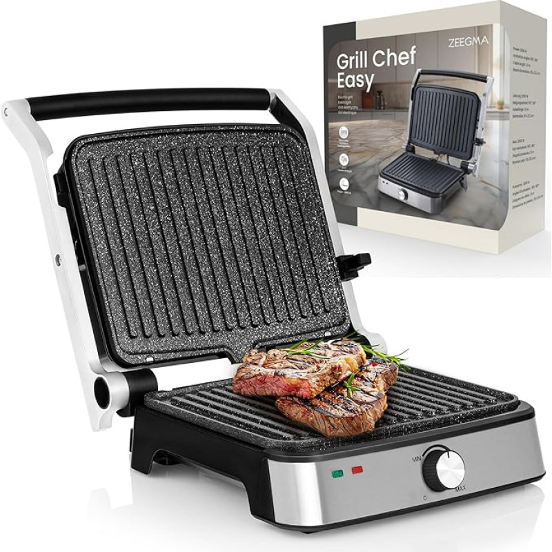 ZEEGMA GRILL CHEF EASY 2-in-1 elektrinis grilis ir panini skrudintuvas, galia 2000 W, nesvylanti keraminė plokštė, reguliuojama temperatūra ir pakreipimo kampas, galima plauti indaplovėje