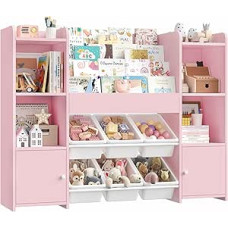 FOREHILL Vaikų lentyna su vaikų knygų spinta, mediniai vaikų kambario baldai, vaikų knygų spinta su dėže, vaikų spinta su žaislų dėže, vaikų lentyna su 6 dėžėmis, 119