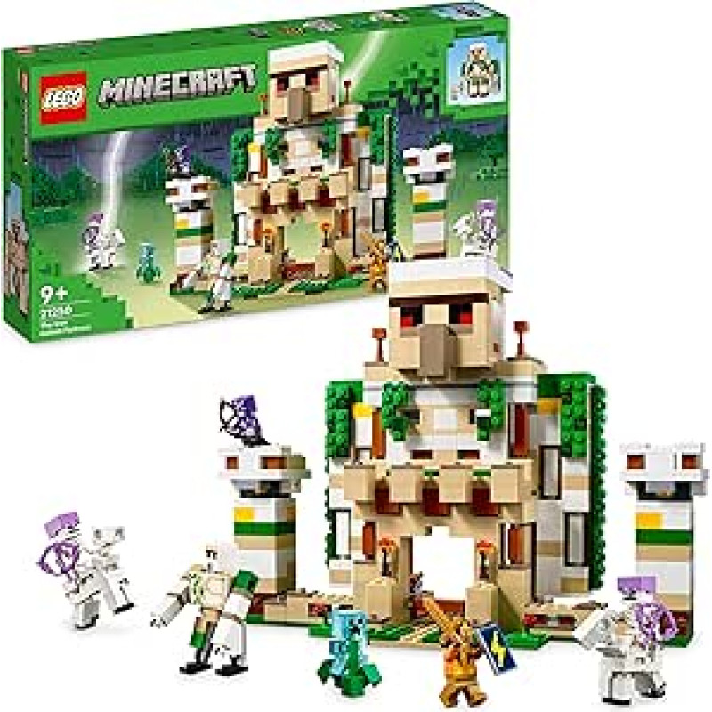 LEGO 21250 Minecraft Geležinio golemo tvirtovė, konstruojamas pilies žaislas, paverčiamas didele figūrėle, su 7 figūrėlėmis, įskaitant krištolinį riterį, skeletų raitelį ir pakrautą skraiduolį