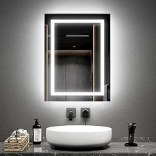EMKE Bathroom Mirror with Lighting 45 x 60 cm Bathroom Mirror with 2 Light Colours Warm White/Cool White, Anti-Fog, Bathroom Mirror with Lighting Mechanical Switch LED Bathroom Mirror Horizontal