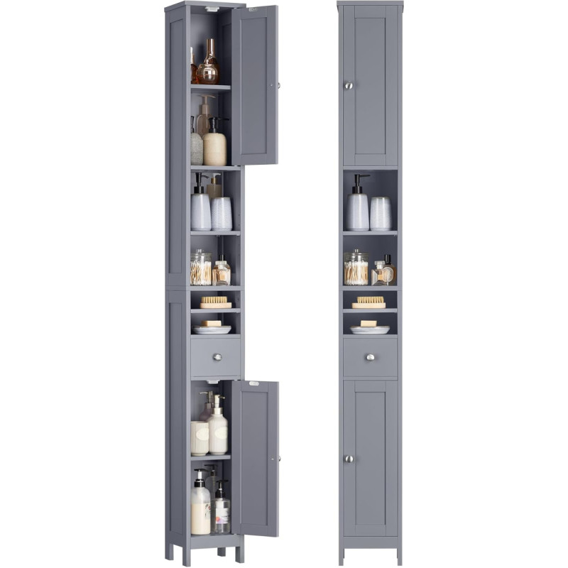 VASAGLE Vonios spintelė Tall Slim Storage Cabinet su reguliuojamomis lentynomis Stalčius Atviri skyriai Maža erdvė Modern Dove Grey BBC765G02