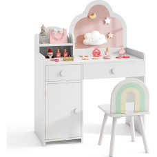 DREAMADE 2-in-1 vaikiškas tualetinis staliukas su nuimamu veidrodžiu ir taburete, princesės medinis tualetinis staliukas su lentynomis ir stalčiais, vaikiškas tualetinis staliukas mergaitėms nuo 3 metų