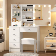 Teousev J72839 Dressing Table with Sliding Door Mirror and Stool, Sturdy Cosmetic Table with Dimmable Lighting and Video Instructions, Dressing Table with 6 Drawers and 6 Shelves, 36 x 80 x 131 cm