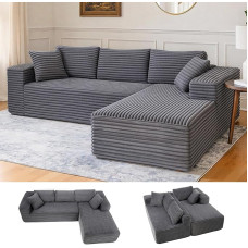 COMHOMA 105 colių modulinė sofa su gilia sėdyne, L formos sofa su plačiais porankiais, velvetinis audinys, didelio tankio putos, šezlongas svetainei, nereikia surinkti, tamsiai pilka