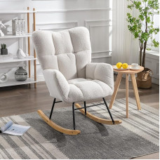 Rocking Chair, Relaxing Chair, Living Room Chair, Accent Chair, Armrests, Teddy Plush Fabric Rocking Chair for Living Room, Bedroom, Balcony, Load Capacity up to 110 kg (White)
