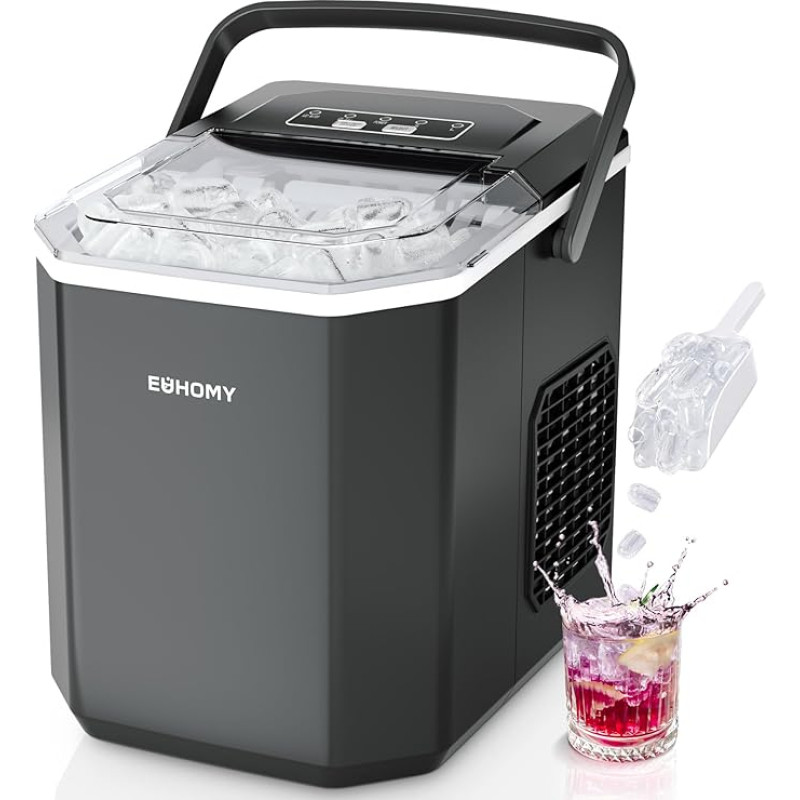 Ledo kubelių gaminimo aparatas 9 ledo kubeliai per 6 minutes Kulkos formatas 2 ledo kubelių dydžiai Nerūdijančio plieno talpa 12 kg per dieną Juoda namų virtuvės biurui