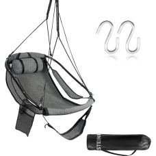 Hängesessel mit Fußstütze, Sky Chair mit Metallstange, Hängeschaukel, Hängestuhl Outdoor Mit Seitentasche, Getränkehalter, Stützkissen, bis 150 Kg Belastbar, Schwarz