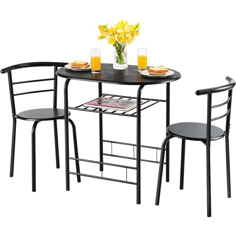 LIFEZEAL 3 dalių valgomojo komplektas Erdvę taupantis valgomojo kambario komplektas Balkono stalas su daiktadėže ir 2 kėdėmis, valgomojo stalo komplektas svetainei, valgomajam ir balkonui (juodas)