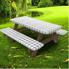 UMINEUX pikniko staltiesė su suoliukų dangčiais, tinka stačiakampiams stalams, vinilinė flanelinė nugarėlė su elastingu kraštu, skirta vakarėliams lauke ir viduje (30 x 72 colių, 3 dalys, pilka)